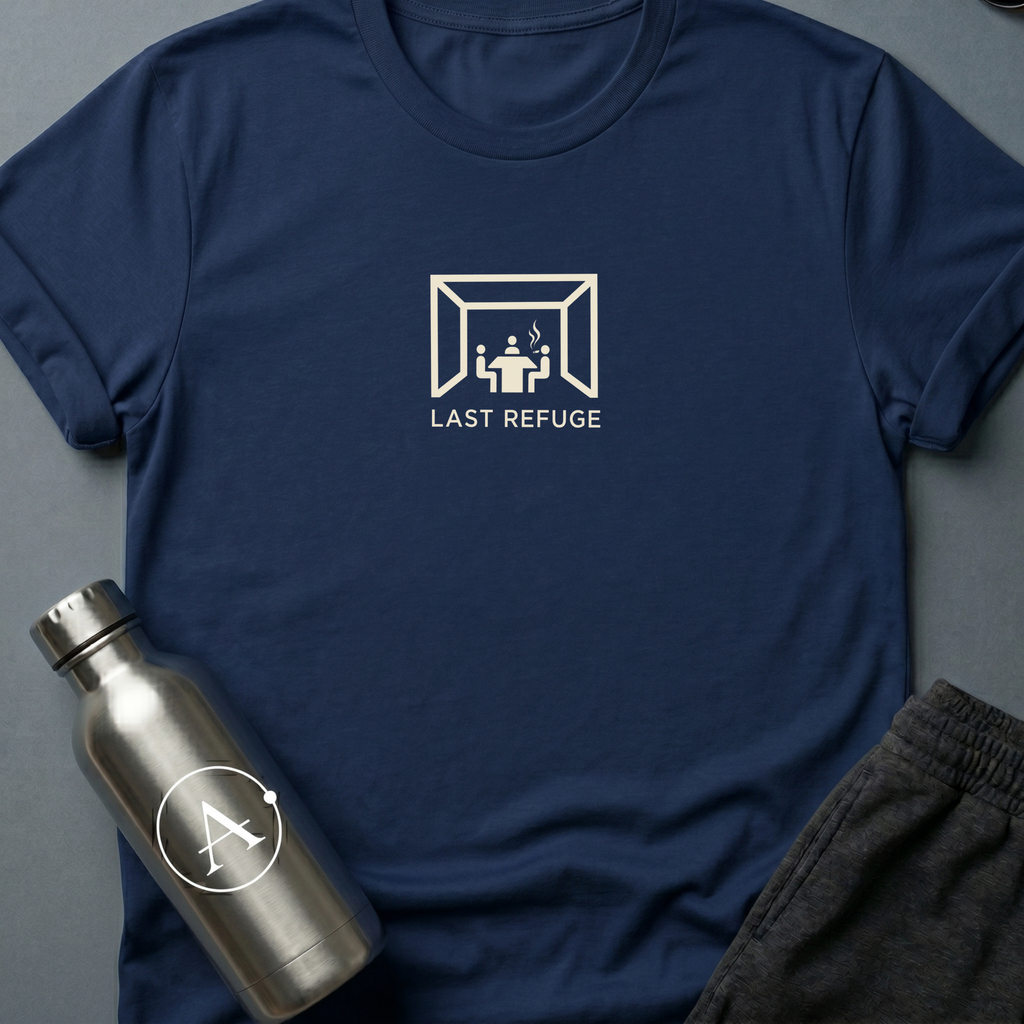 The Quiet War sci-fi t-shirt — three figures in a small room, one cigarette, one future being decided — Navy unisex tee — Apsion Outpost
