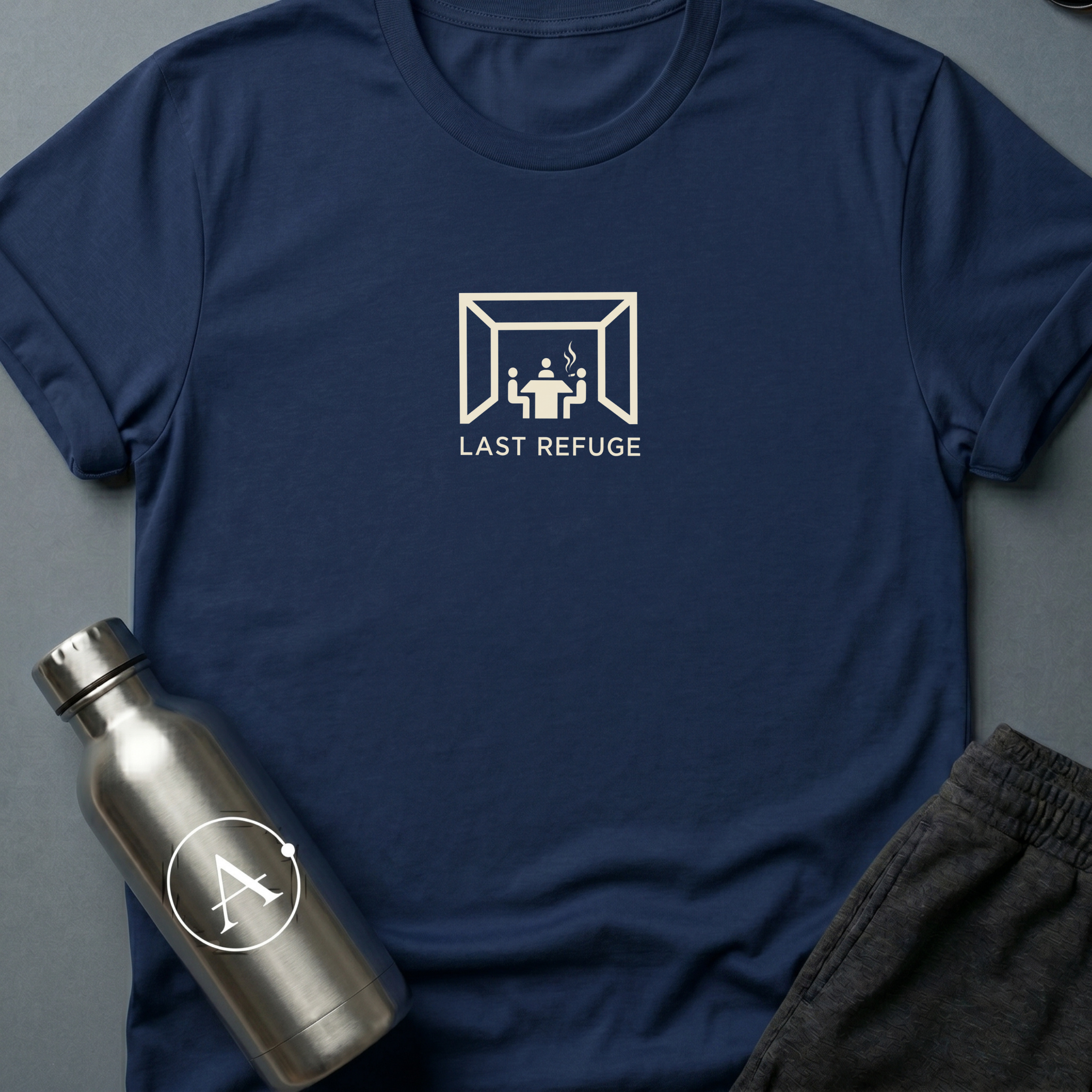 The Quiet War sci-fi t-shirt — three figures in a small room, one cigarette, one future being decided — Navy unisex tee — Apsion Outpost
