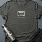 The Quiet War sci-fi t-shirt — three figures in a small room, one cigarette, one future being decided — Dark Heather unisex tee — Apsion Outpost