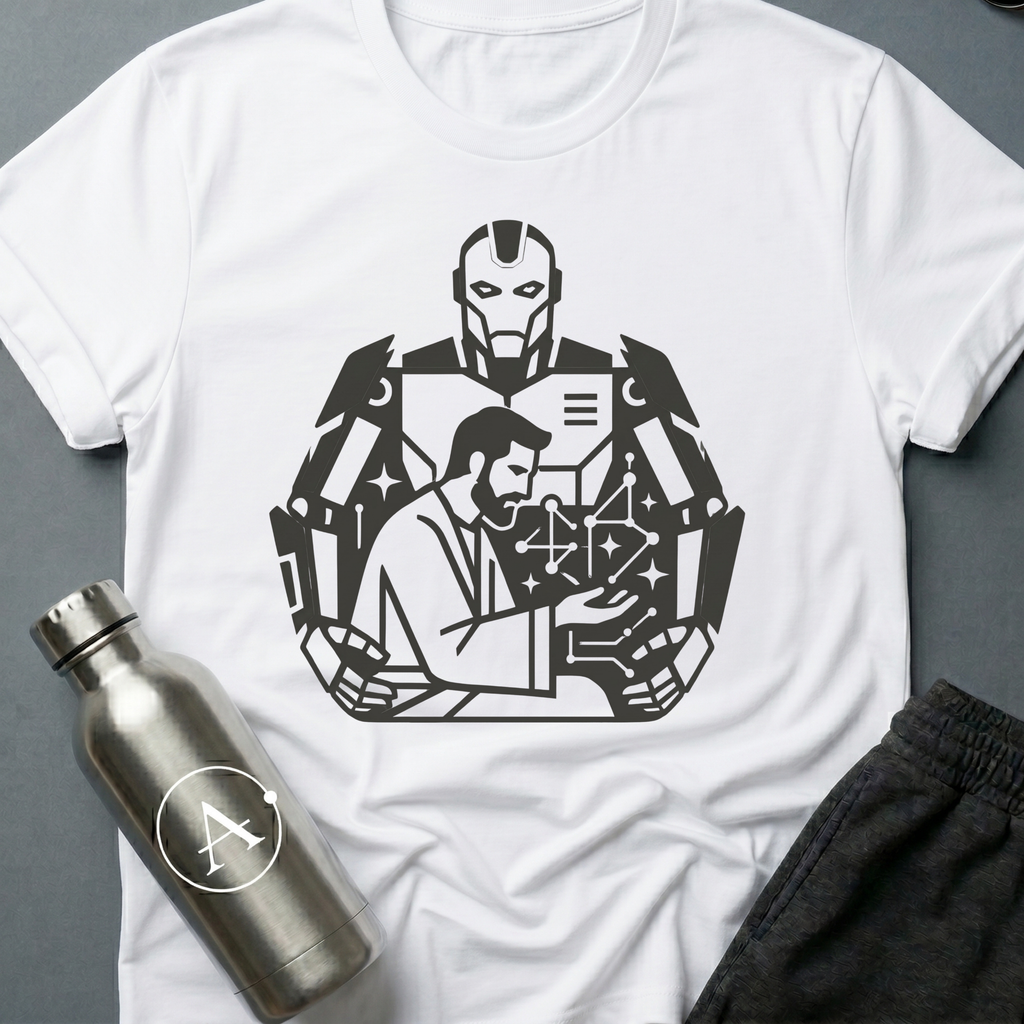 The Author sci-fi t-shirt — a human at the desk with a much larger silhouette working behind him — White unisex tee — Apsion Outpost