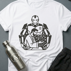 The Author sci-fi t-shirt — a human at the desk with a much larger silhouette working behind him — White unisex tee — Apsion Outpost