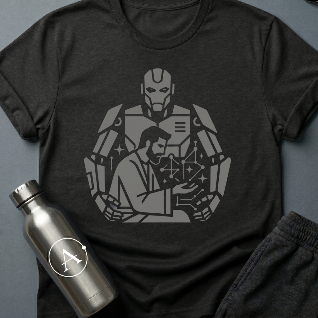 The Author sci-fi t-shirt — a human at the desk with a much larger silhouette working behind him — Black unisex tee — Apsion Outpost