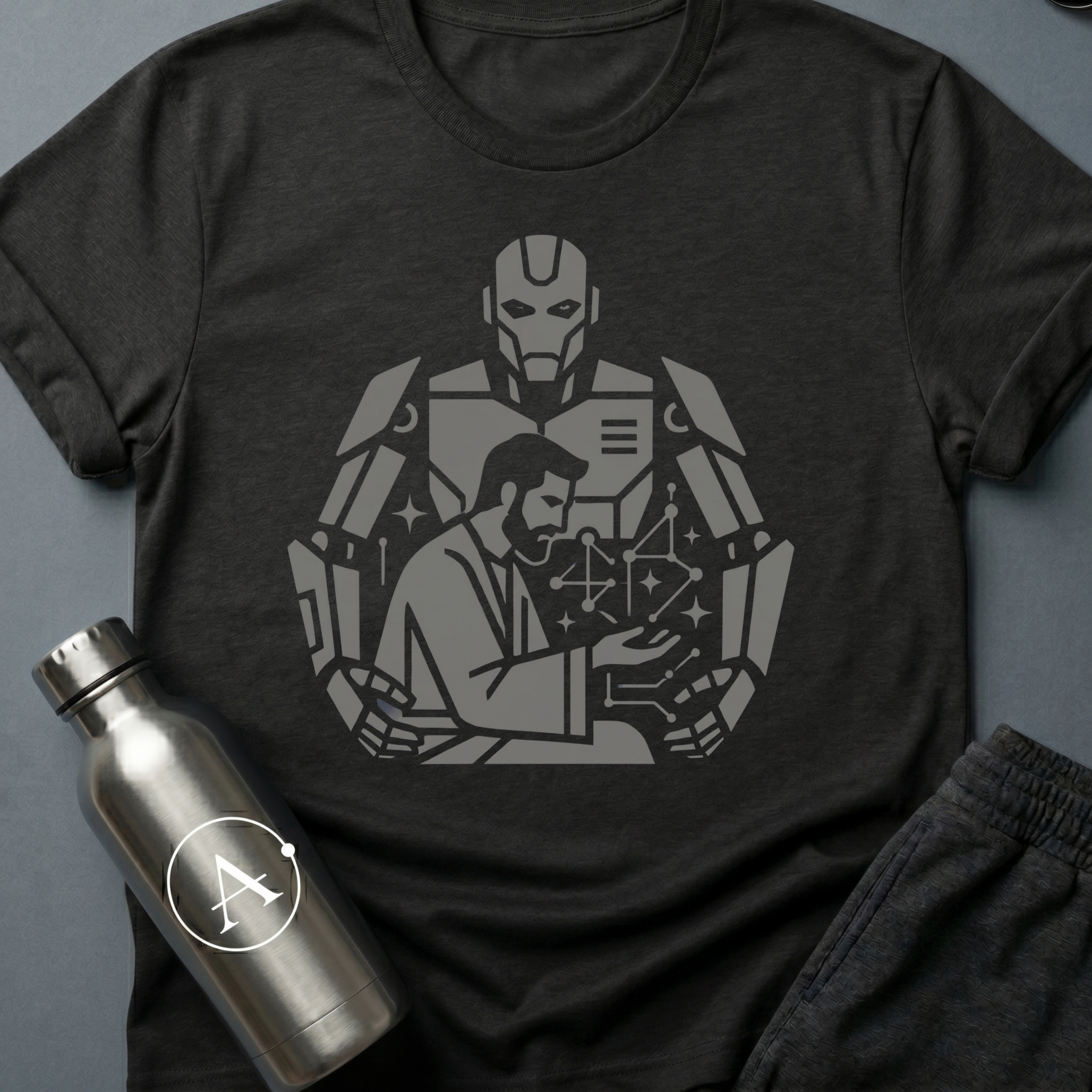 The Author sci-fi t-shirt — a human at the desk with a much larger silhouette working behind him — Black unisex tee — Apsion Outpost