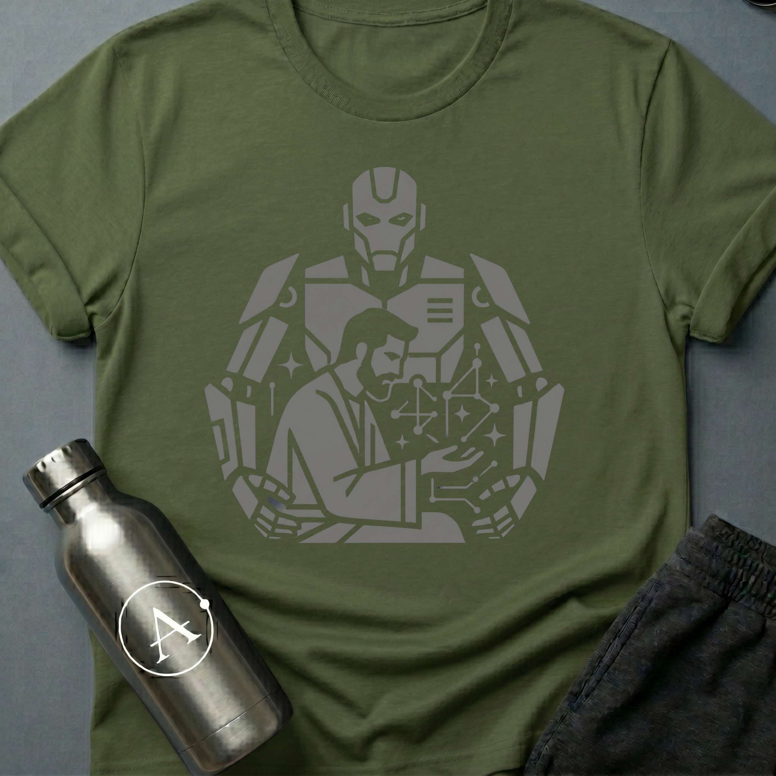 The Author sci-fi t-shirt — a human at the desk with a much larger silhouette working behind him — Military Green unisex tee — Apsion Outpost