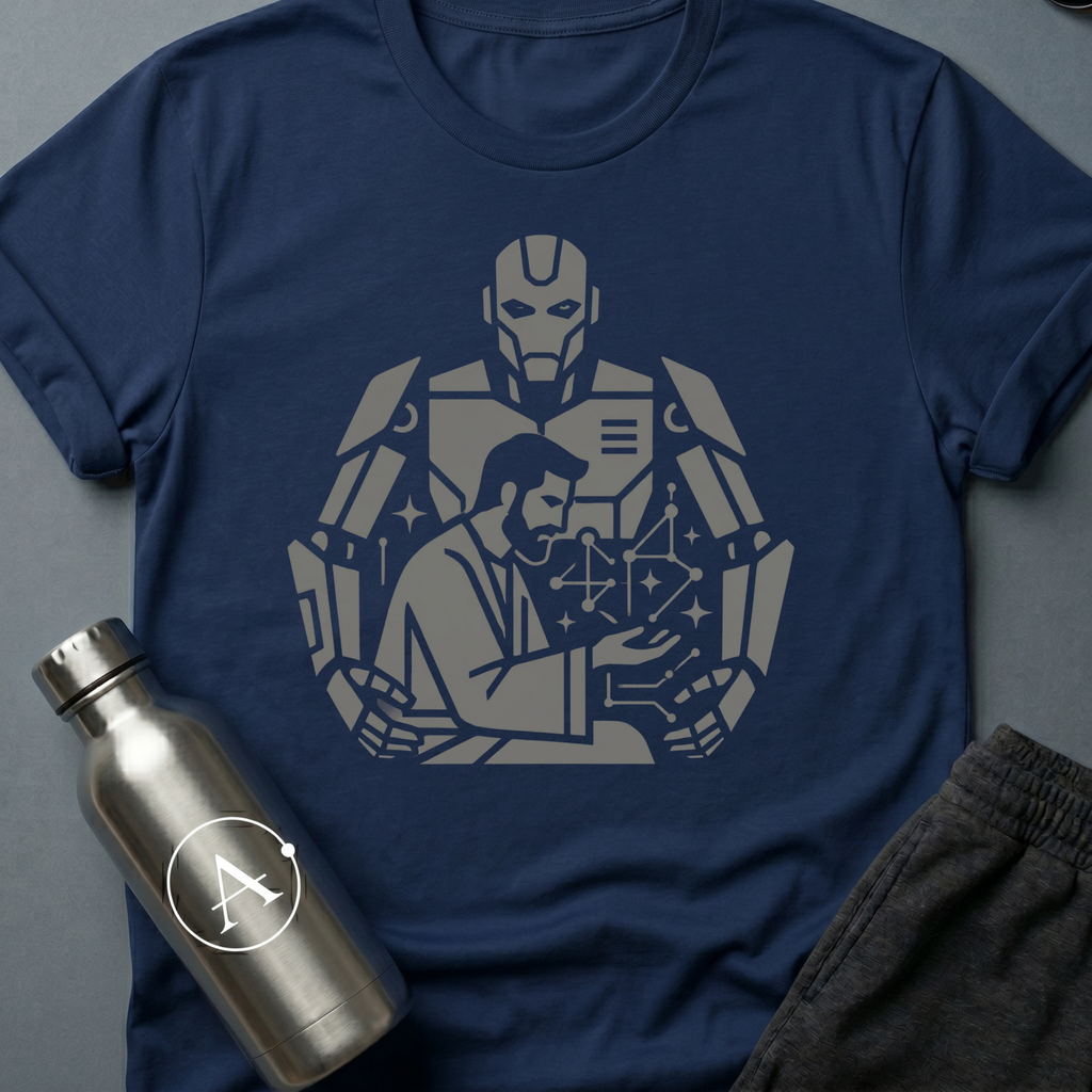 The Author sci-fi t-shirt — a human at the desk with a much larger silhouette working behind him — Navy unisex tee — Apsion Outpost