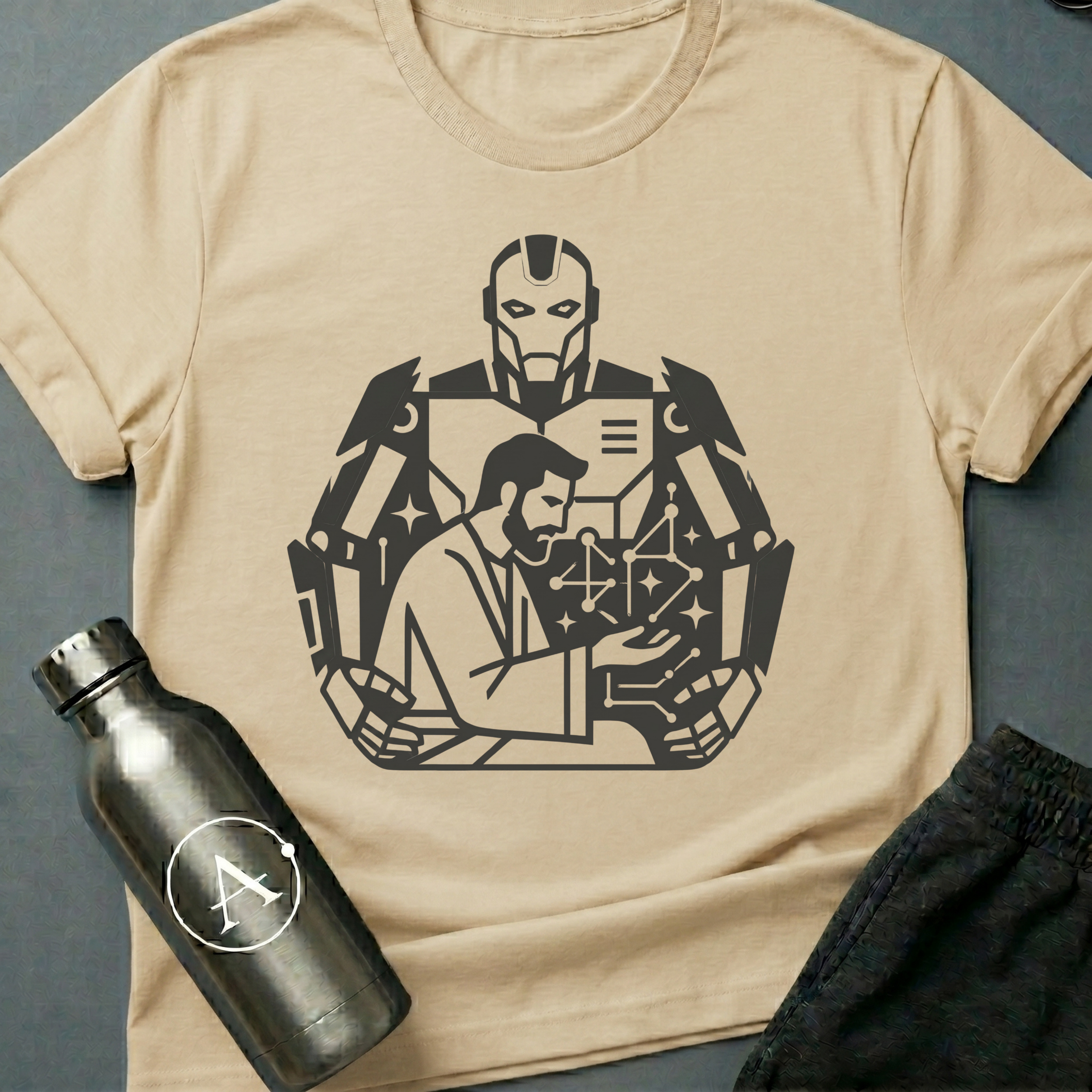 The Author sci-fi t-shirt — a human at the desk with a much larger silhouette working behind him — Natural unisex tee — Apsion Outpost