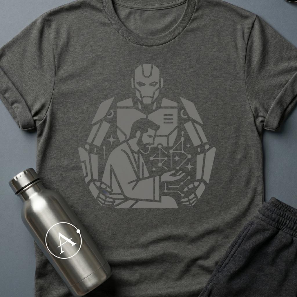 The Author sci-fi t-shirt — a human at the desk with a much larger silhouette working behind him — Dark Heather unisex tee — Apsion Outpost