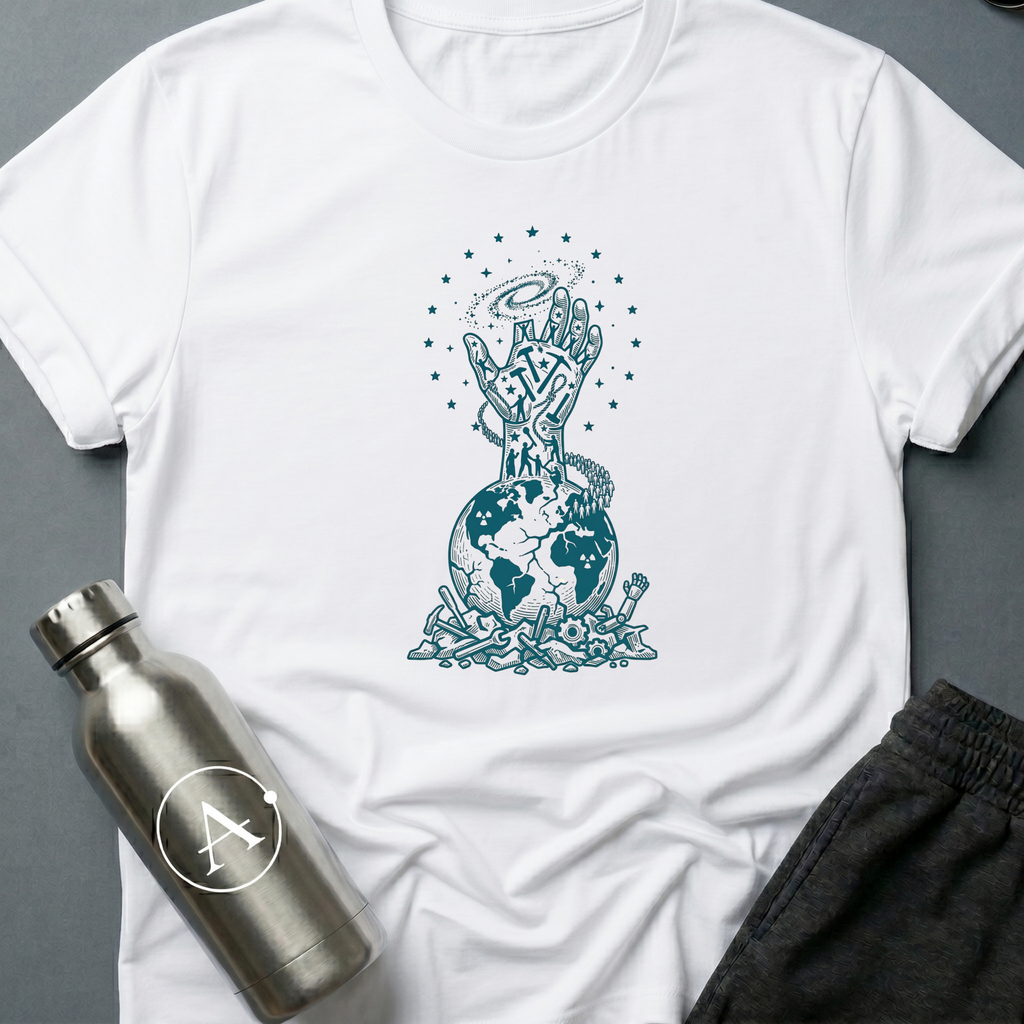 The Refusal sci-fi t-shirt — a fist of climbing figures, holding the galaxy above the broken weapons — White unisex tee — Apsion Outpost