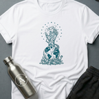 The Refusal sci-fi t-shirt — a fist of climbing figures, holding the galaxy above the broken weapons — White unisex tee — Apsion Outpost