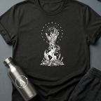 The Refusal sci-fi t-shirt — a fist of climbing figures, holding the galaxy above the broken weapons — Black unisex tee — Apsion Outpost