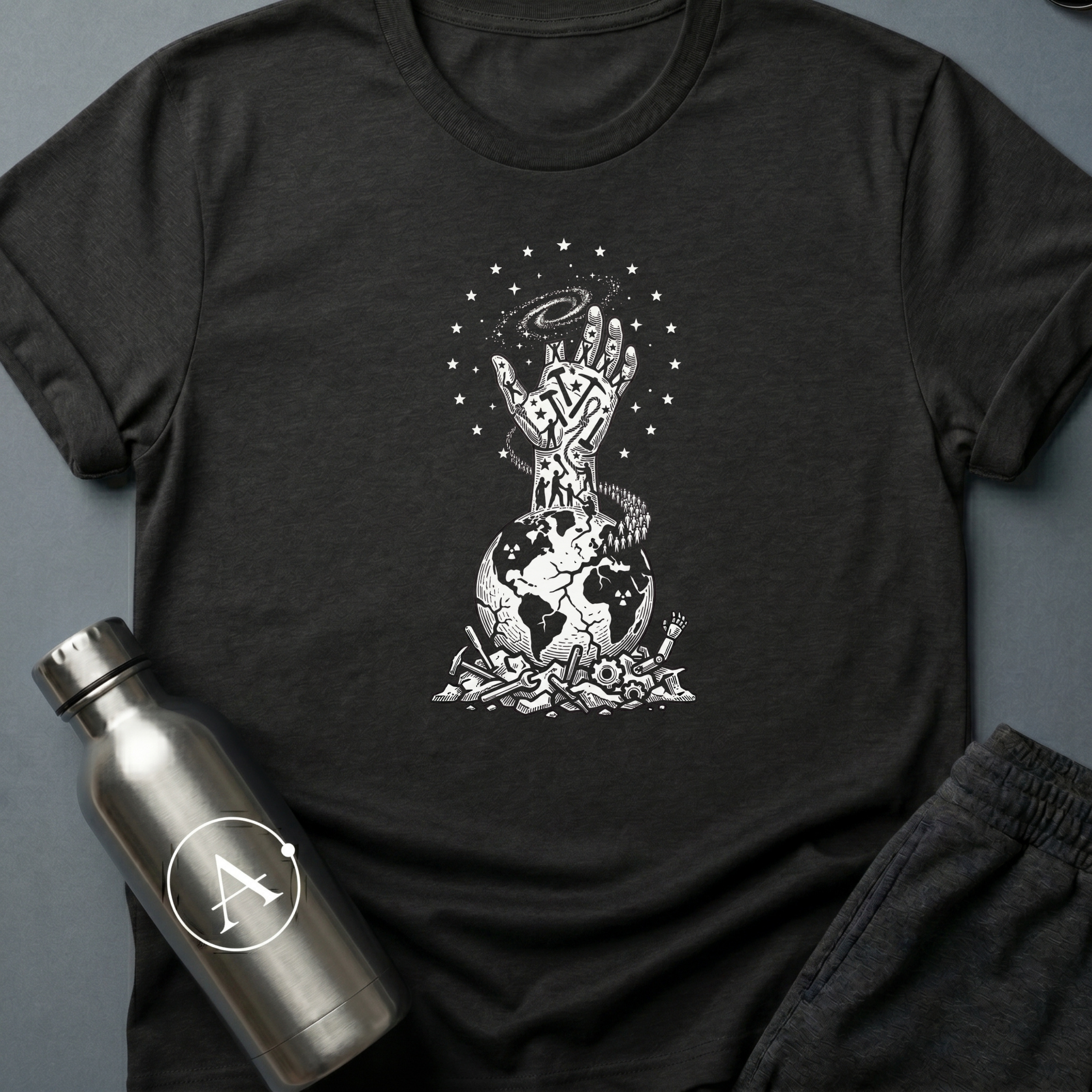 The Refusal sci-fi t-shirt — a fist of climbing figures, holding the galaxy above the broken weapons — Black unisex tee — Apsion Outpost