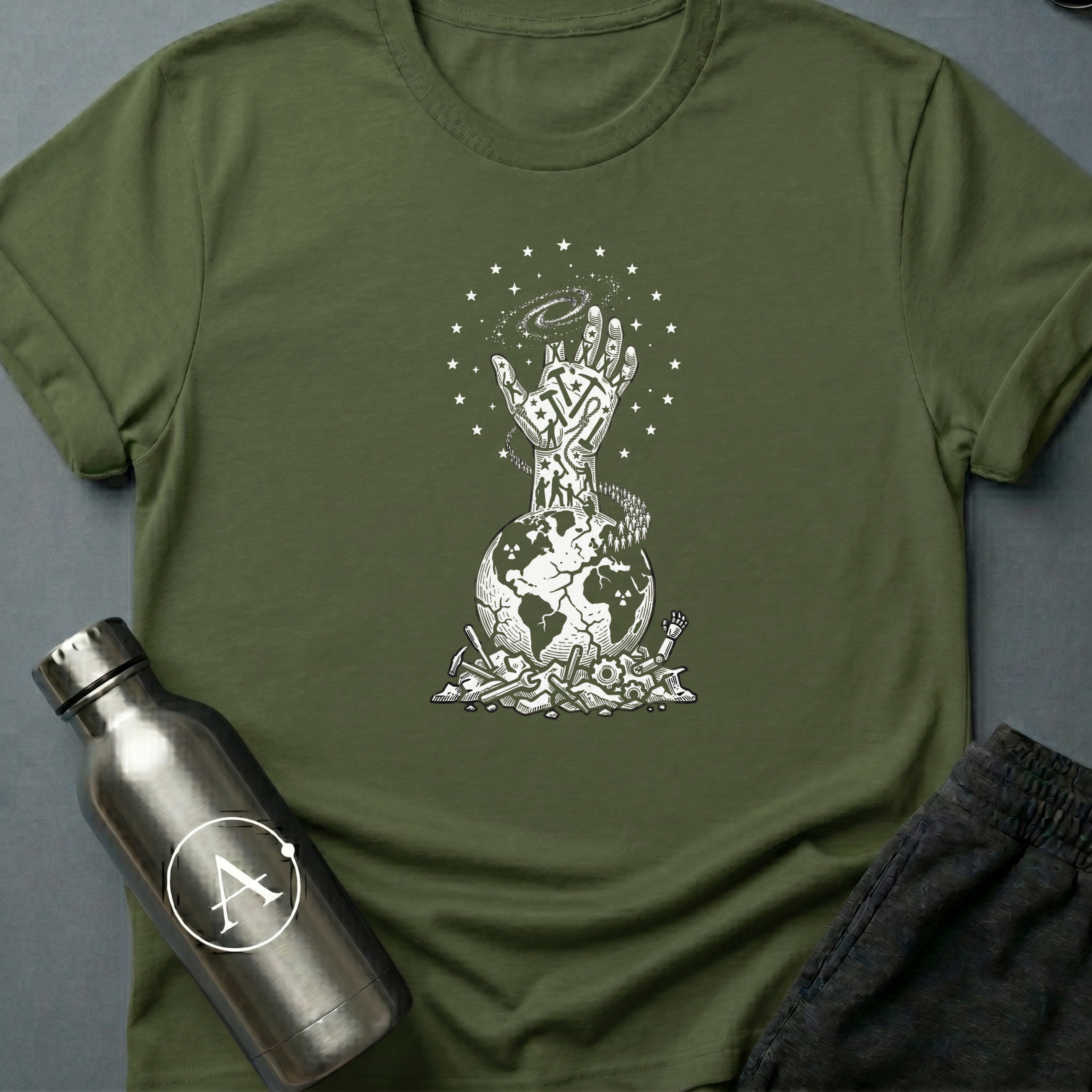 The Refusal sci-fi t-shirt — a fist of climbing figures, holding the galaxy above the broken weapons — Military Green unisex tee — Apsion Outpost