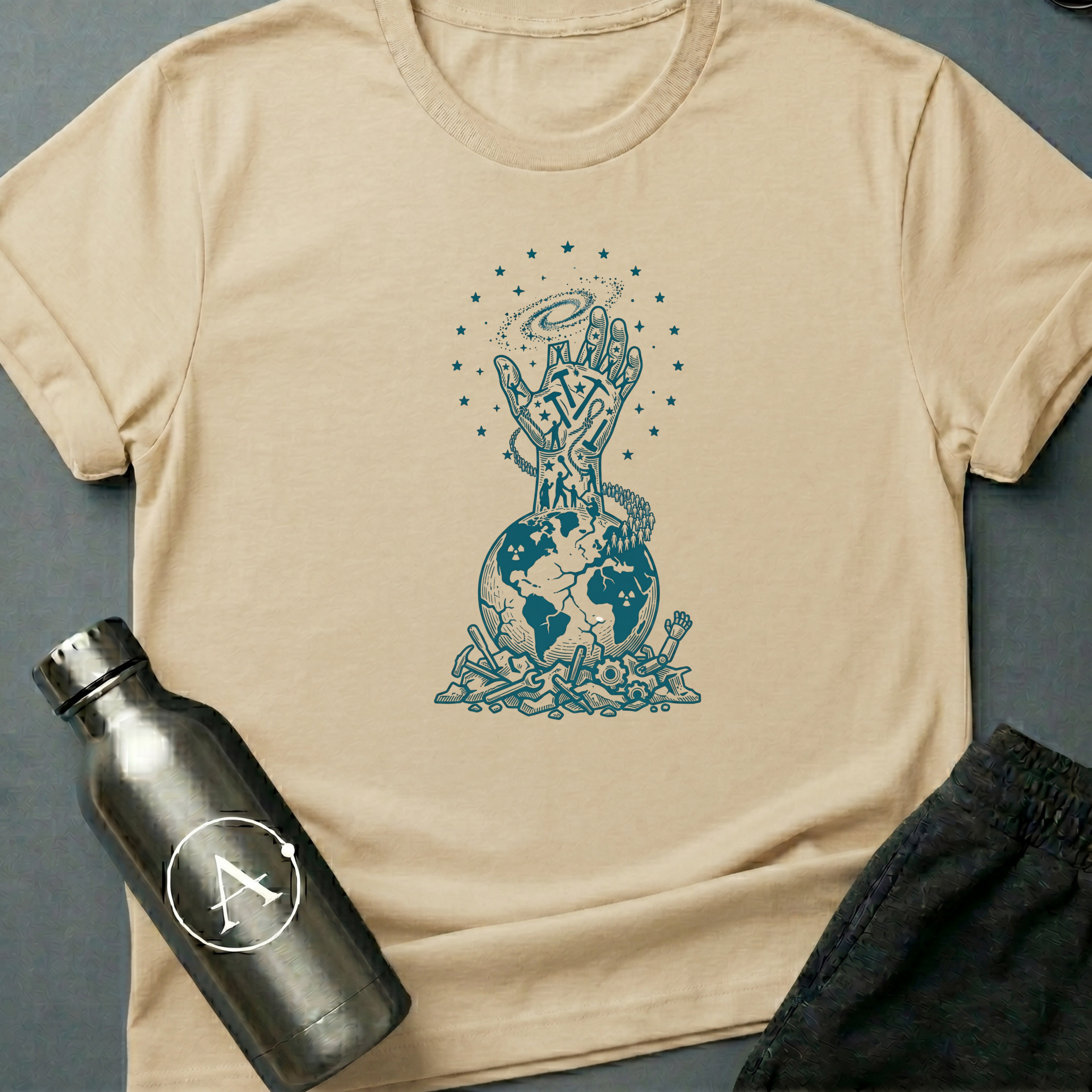 The Refusal sci-fi t-shirt — a fist of climbing figures, holding the galaxy above the broken weapons — Natural unisex tee — Apsion Outpost