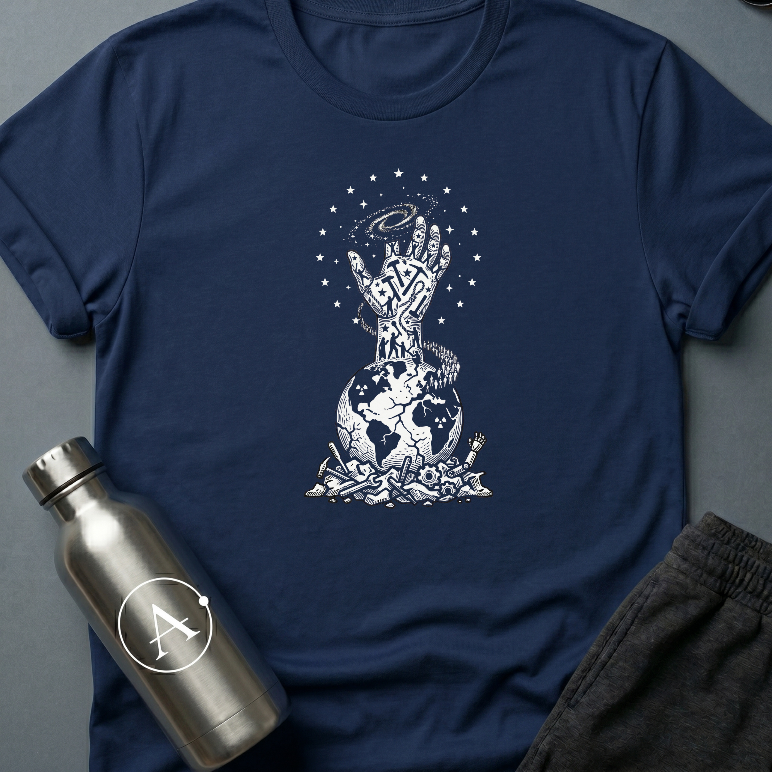The Refusal sci-fi t-shirt — a fist of climbing figures, holding the galaxy above the broken weapons — Navy unisex tee — Apsion Outpost
