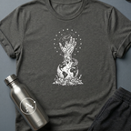 The Refusal sci-fi t-shirt — a fist of climbing figures, holding the galaxy above the broken weapons — Dark Heather unisex tee — Apsion Outpost