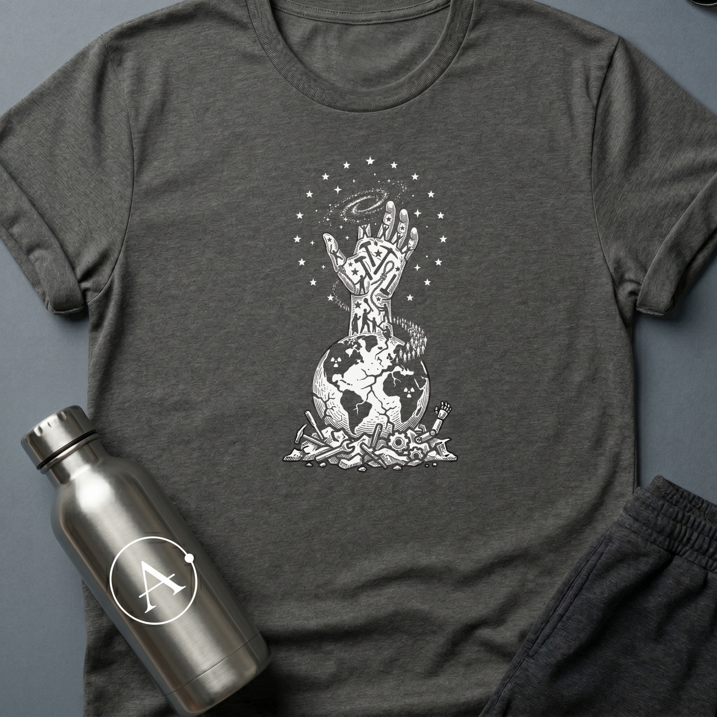 The Refusal sci-fi t-shirt — a fist of climbing figures, holding the galaxy above the broken weapons — Dark Heather unisex tee — Apsion Outpost