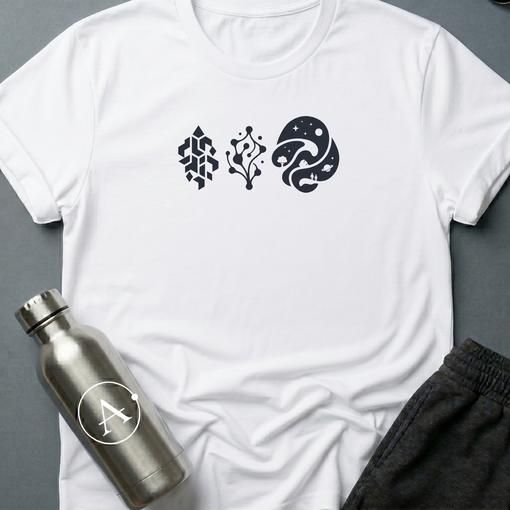 Three Doors sci-fi t-shirt — three icons, three paths, three possible endings to the same long story — White unisex tee — Apsion Outpost