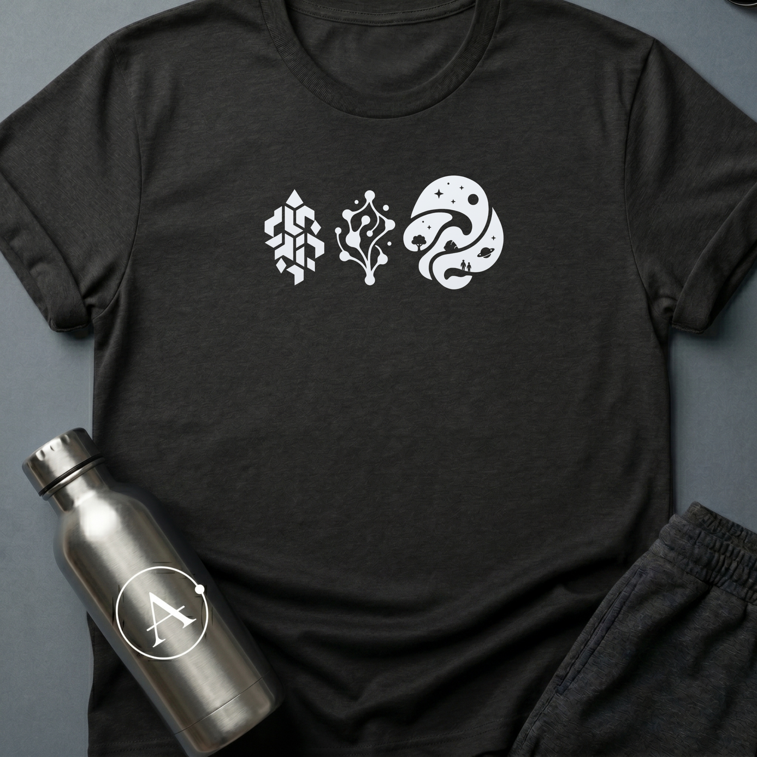 Three Doors sci-fi t-shirt — three icons, three paths, three possible endings to the same long story — Black unisex tee — Apsion Outpost