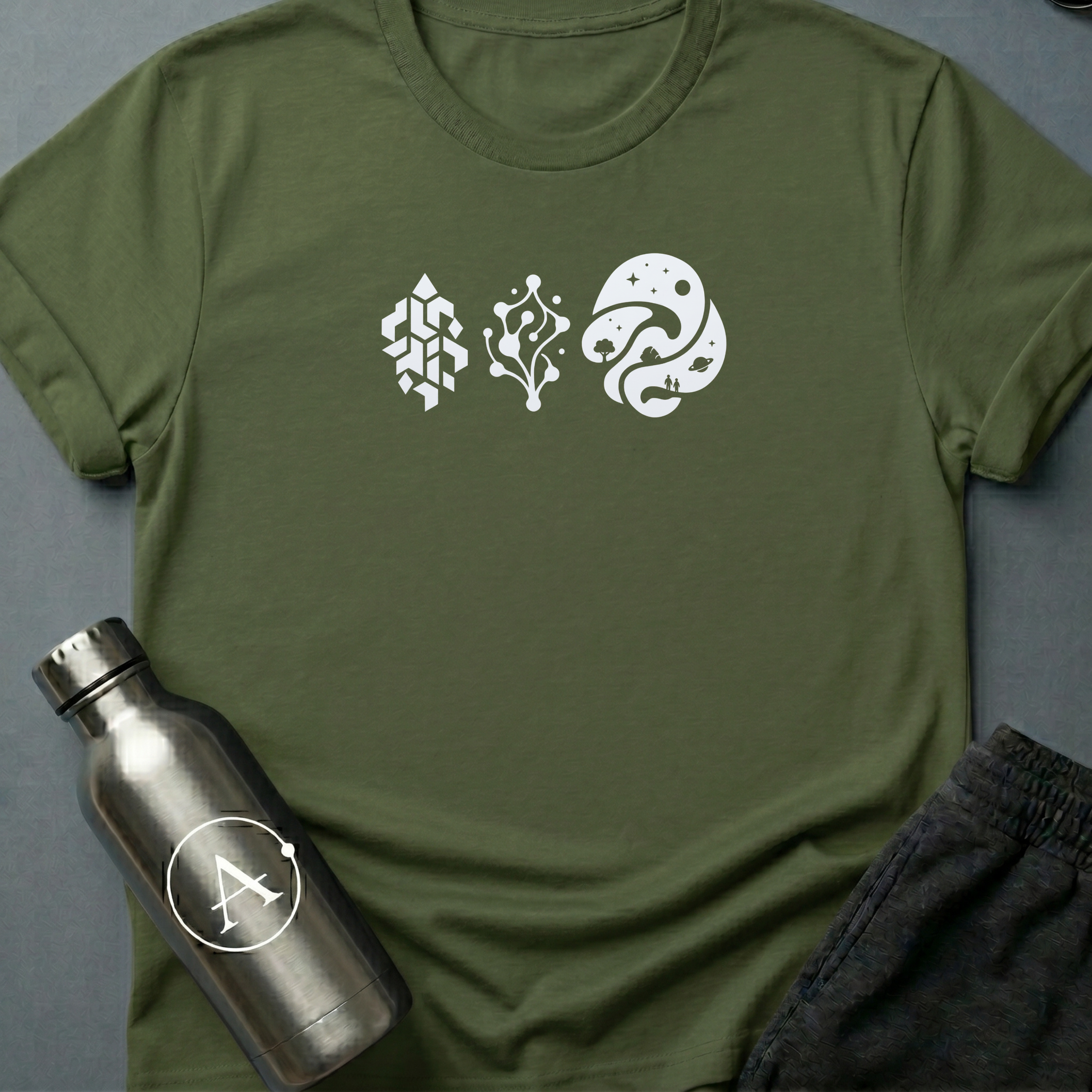 Three Doors sci-fi t-shirt — three icons, three paths, three possible endings to the same long story — Military Green unisex tee — Apsion Outpost
