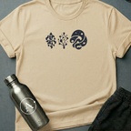 Three Doors sci-fi t-shirt — three icons, three paths, three possible endings to the same long story — Natural unisex tee — Apsion Outpost