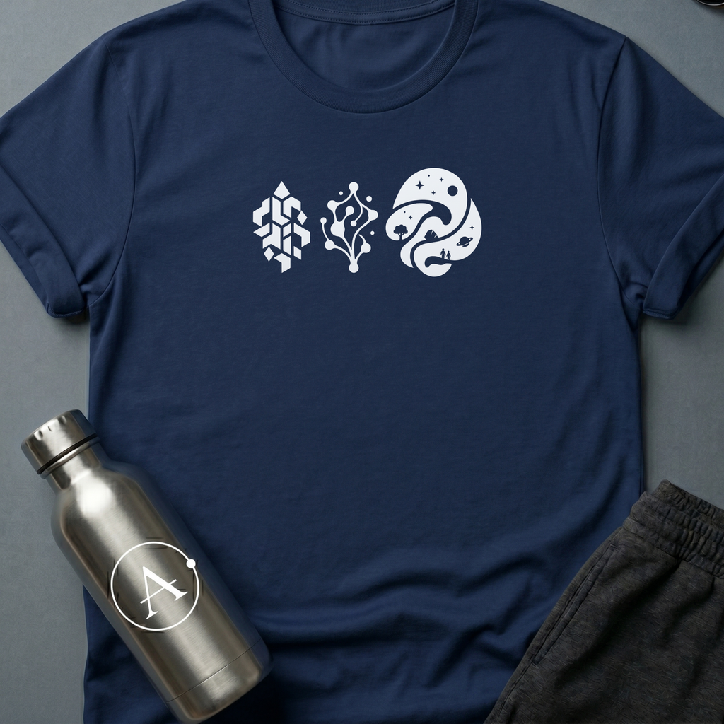 Three Doors sci-fi t-shirt — three icons, three paths, three possible endings to the same long story — Navy unisex tee — Apsion Outpost