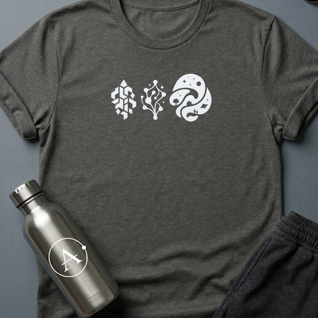 Three Doors sci-fi t-shirt — three icons, three paths, three possible endings to the same long story — Dark Heather unisex tee — Apsion Outpost