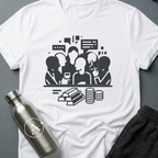 Trade Embargo Hour sci-fi t-shirt — a backroom hour of wine, smoke, and gold deciding what the galaxy does next — White unisex tee — Apsion Outpost