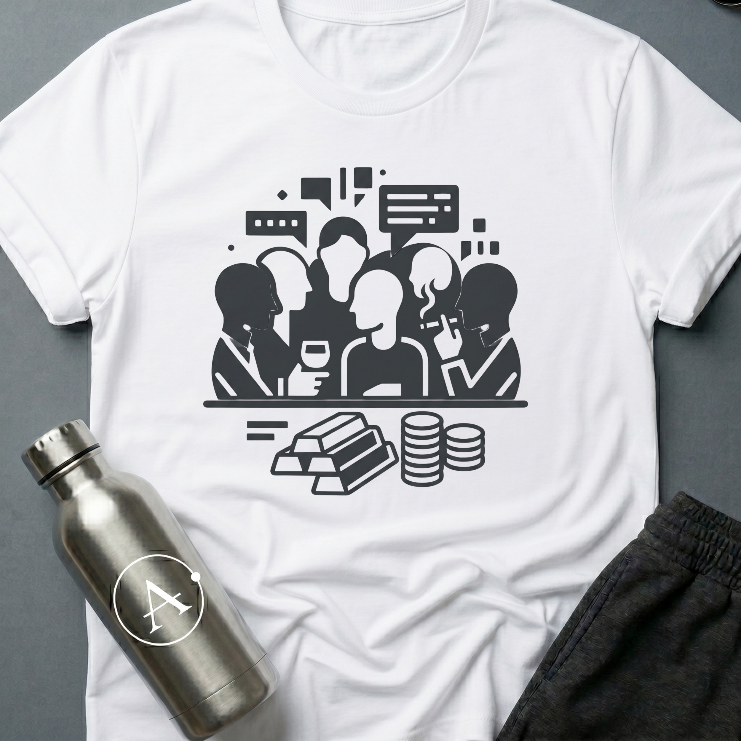 Trade Embargo Hour sci-fi t-shirt — a backroom hour of wine, smoke, and gold deciding what the galaxy does next — White unisex tee — Apsion Outpost