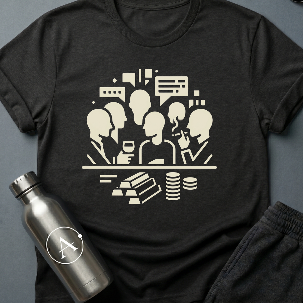 Trade Embargo Hour sci-fi t-shirt — a backroom hour of wine, smoke, and gold deciding what the galaxy does next — Black unisex tee — Apsion Outpost
