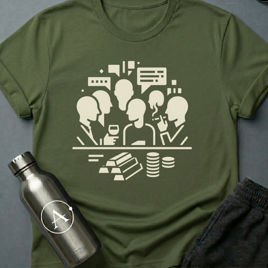 Trade Embargo Hour sci-fi t-shirt — a backroom hour of wine, smoke, and gold deciding what the galaxy does next — Military Green unisex tee — Apsion Outpost