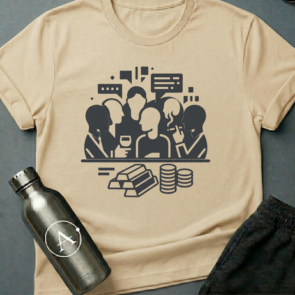 Trade Embargo Hour sci-fi t-shirt — a backroom hour of wine, smoke, and gold deciding what the galaxy does next — Natural unisex tee — Apsion Outpost