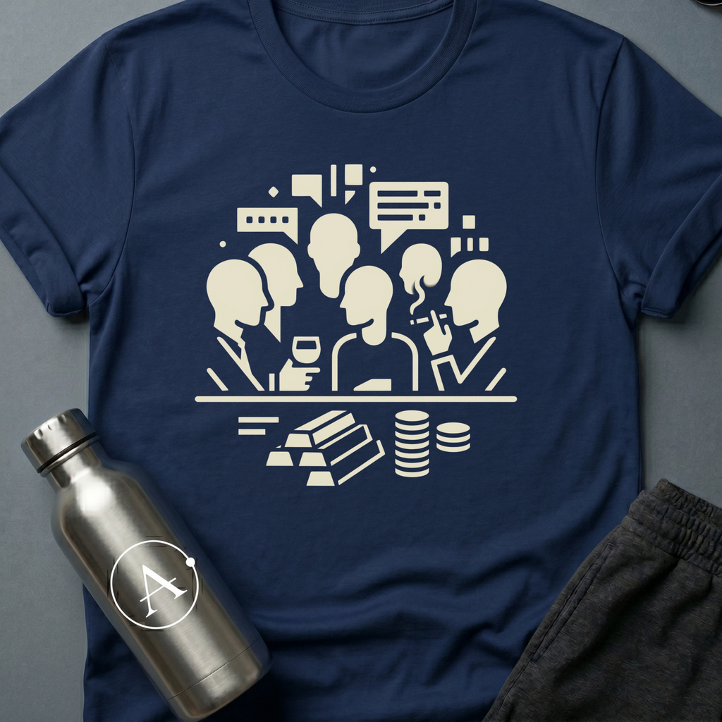 Trade Embargo Hour sci-fi t-shirt — a backroom hour of wine, smoke, and gold deciding what the galaxy does next — Navy unisex tee — Apsion Outpost