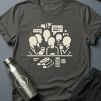 Trade Embargo Hour sci-fi t-shirt — a backroom hour of wine, smoke, and gold deciding what the galaxy does next — Dark Heather unisex tee — Apsion Outpost