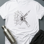 Unaccounted Variable sci-fi t-shirt — a weapon shattering perfect math equations across the page — White unisex tee — Apsion Outpost