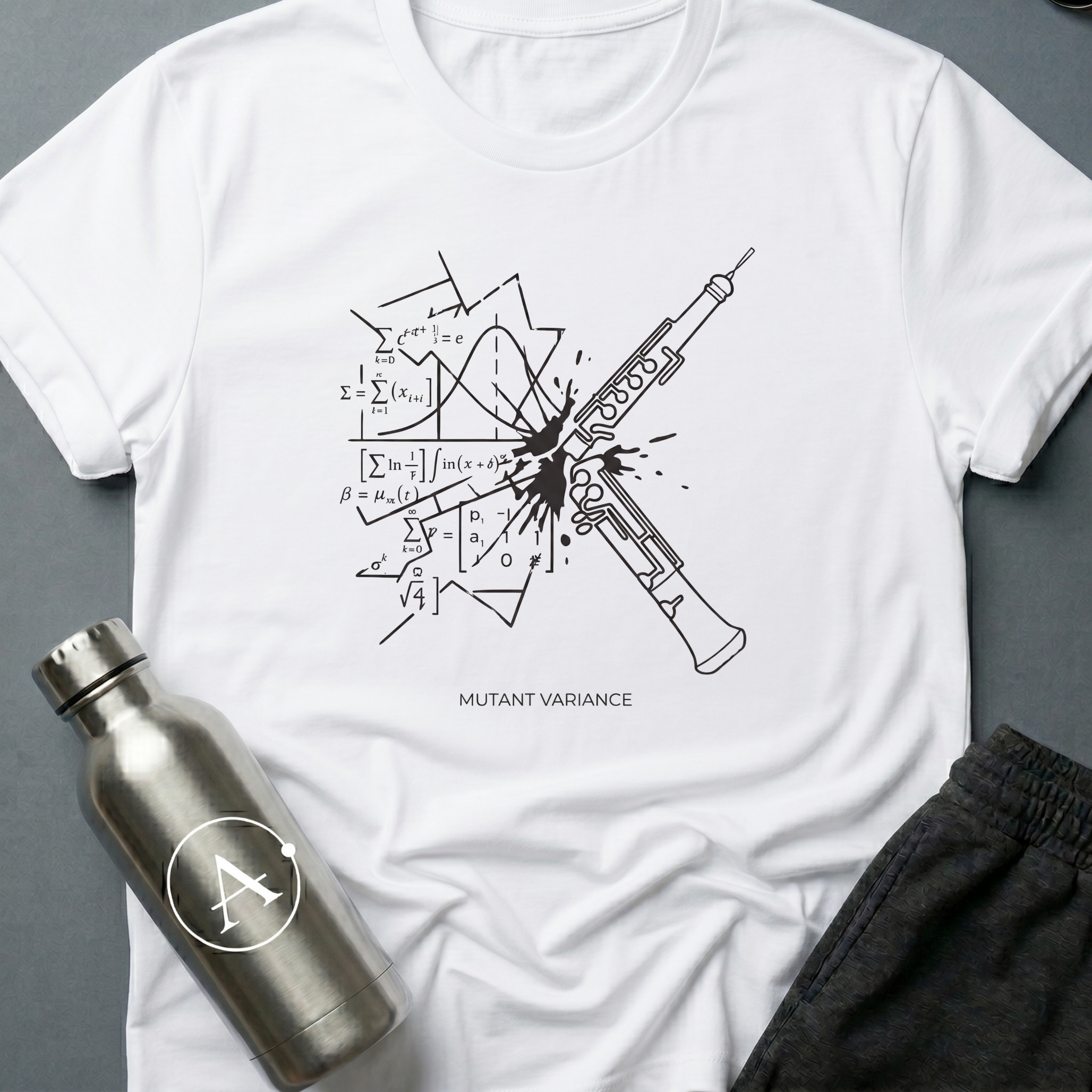 Unaccounted Variable sci-fi t-shirt — a weapon shattering perfect math equations across the page — White unisex tee — Apsion Outpost