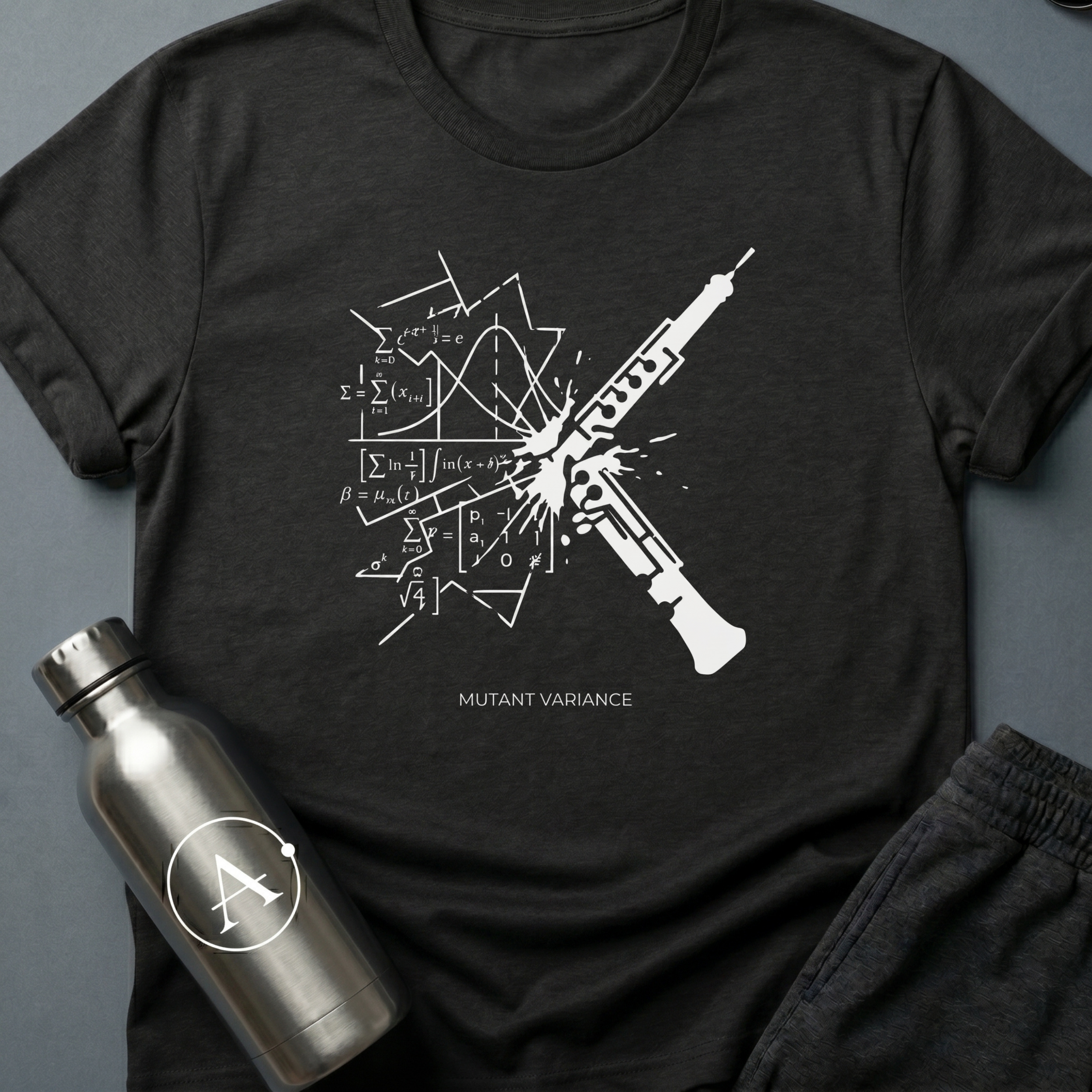 Unaccounted Variable sci-fi t-shirt — a weapon shattering perfect math equations across the page — Black unisex tee — Apsion Outpost