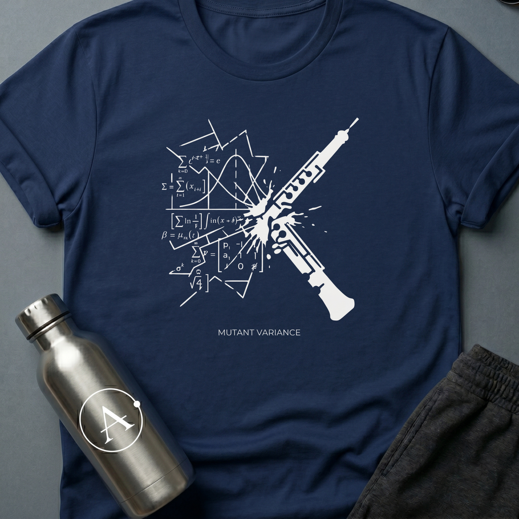 Unaccounted Variable sci-fi t-shirt — a weapon shattering perfect math equations across the page — Navy unisex tee — Apsion Outpost