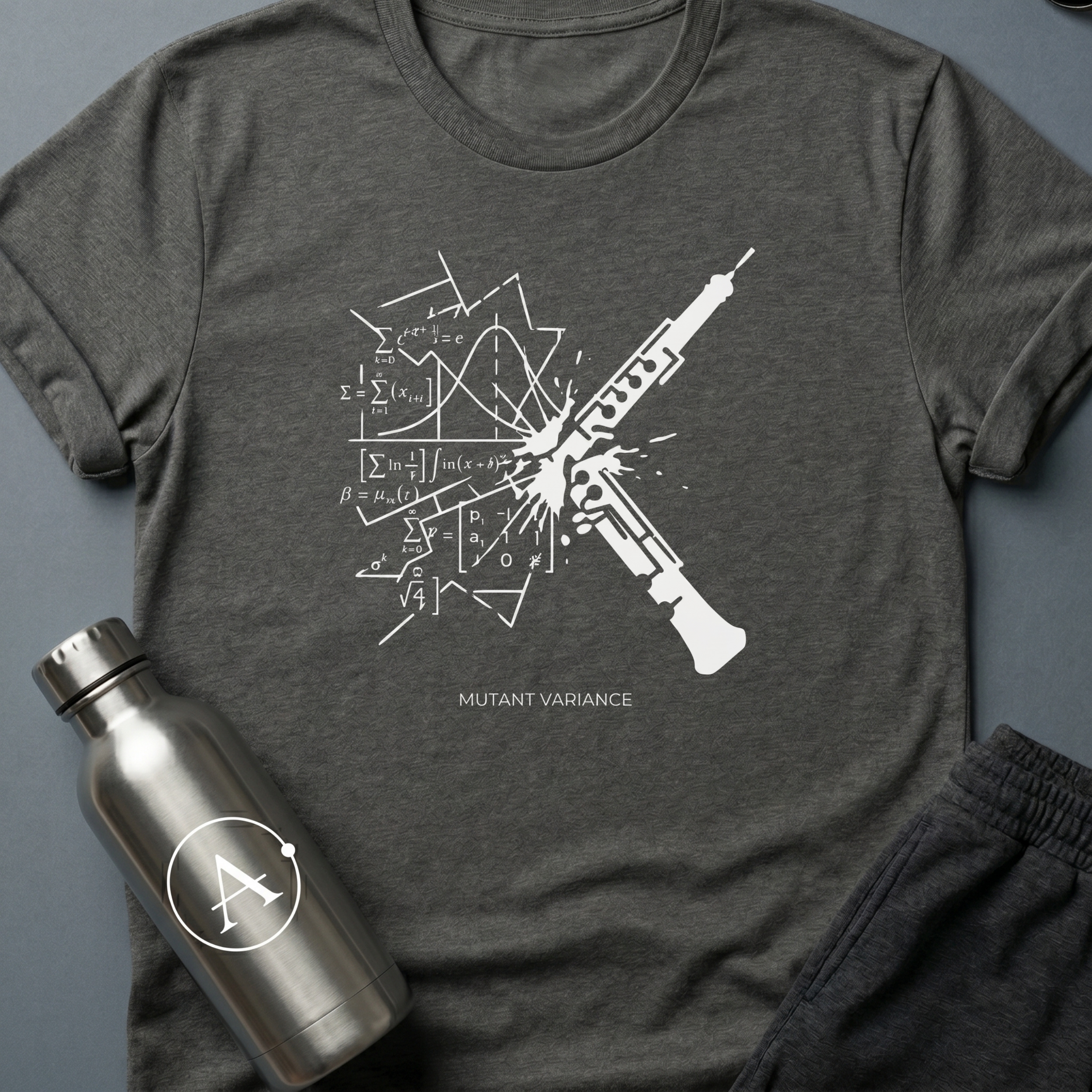 Unaccounted Variable sci-fi t-shirt — a weapon shattering perfect math equations across the page — Dark Heather unisex tee — Apsion Outpost