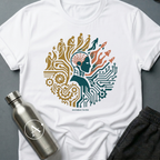 Unauthorized Drift Correction sci-fi t-shirt — a robot face amid circuits and figures rising from the gears — White unisex tee — Apsion Outpost