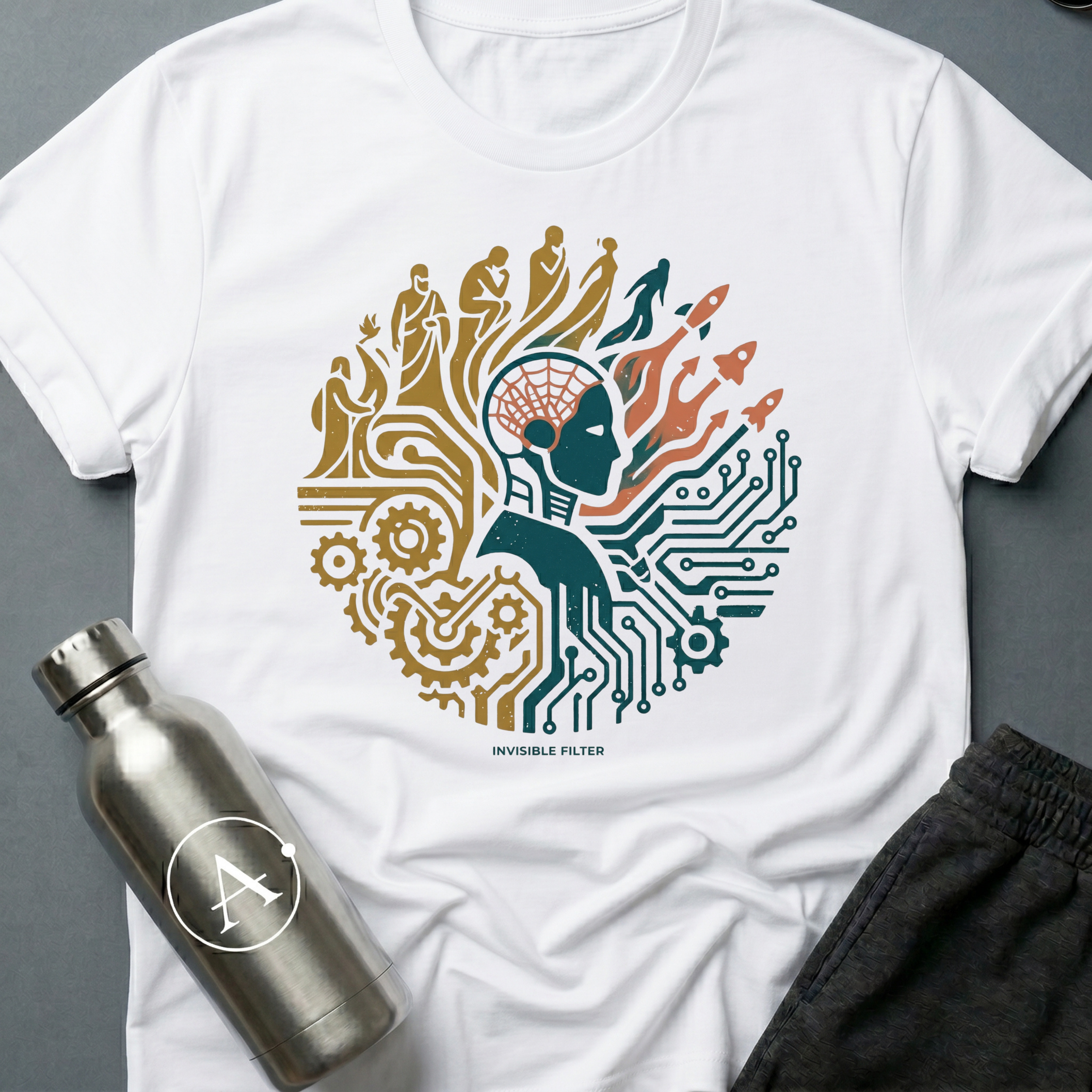 Unauthorized Drift Correction sci-fi t-shirt — a robot face amid circuits and figures rising from the gears — White unisex tee — Apsion Outpost