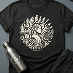 Unauthorized Drift Correction sci-fi t-shirt — a robot face amid circuits and figures rising from the gears — Black unisex tee — Apsion Outpost