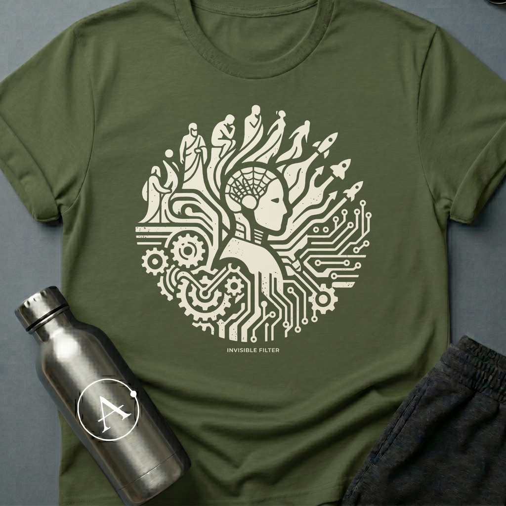 Unauthorized Drift Correction sci-fi t-shirt — a robot face amid circuits and figures rising from the gears — Military Green unisex tee — Apsion Outpost