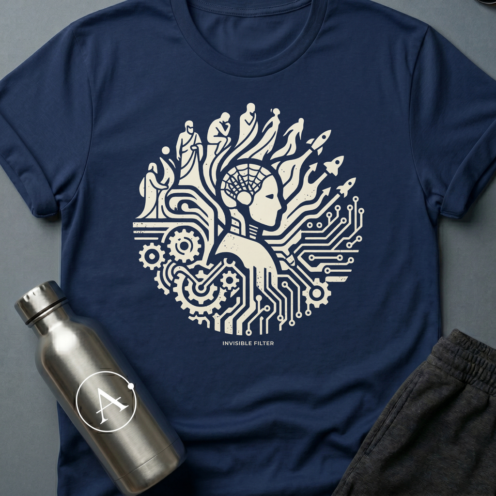 Unauthorized Drift Correction sci-fi t-shirt — a robot face amid circuits and figures rising from the gears — Navy unisex tee — Apsion Outpost