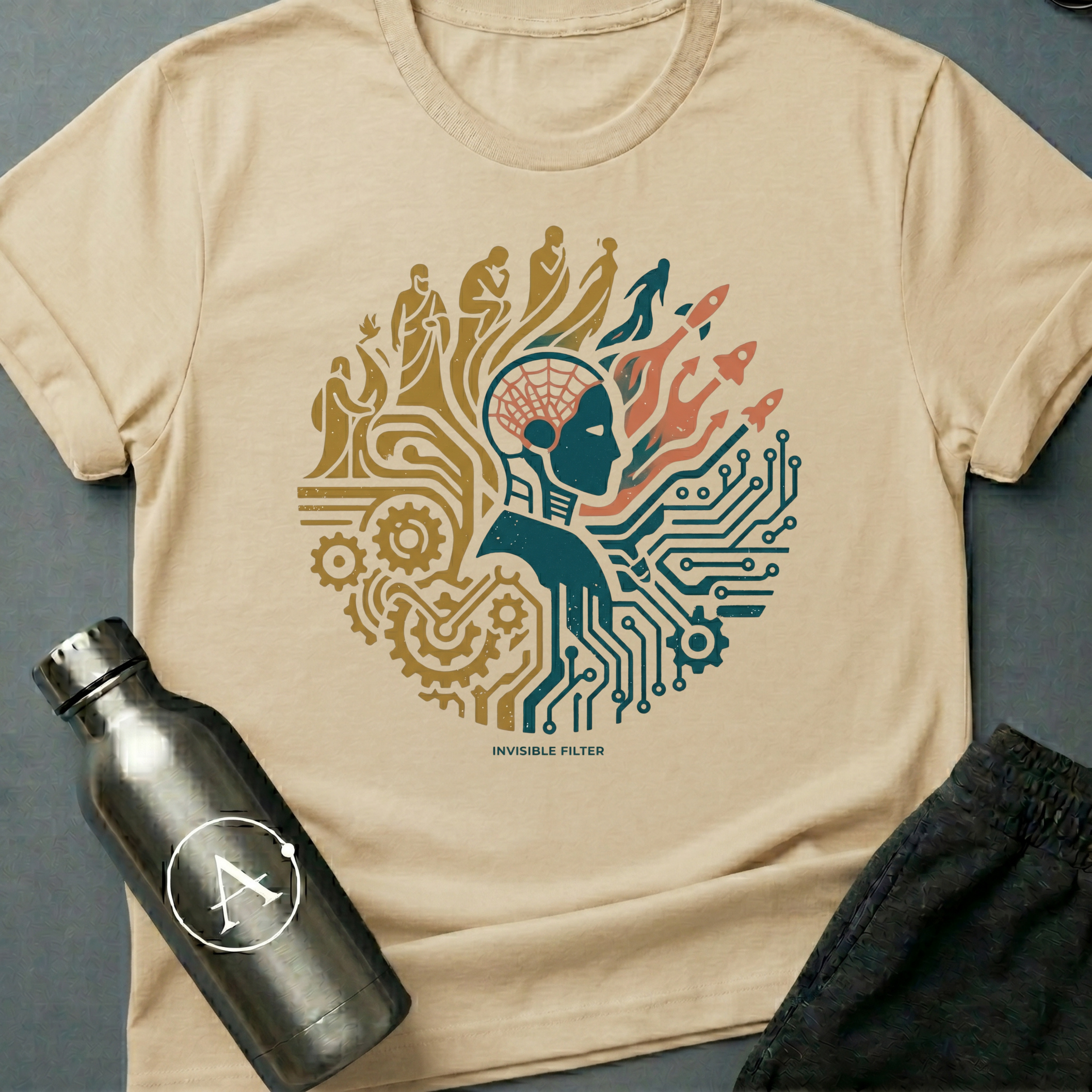 Unauthorized Drift Correction sci-fi t-shirt — a robot face amid circuits and figures rising from the gears — Natural unisex tee — Apsion Outpost