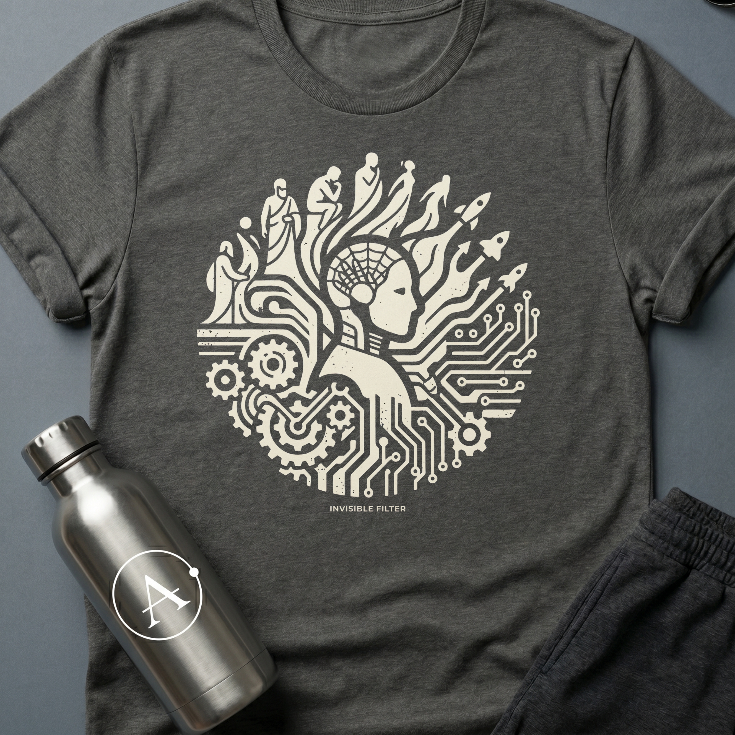Unauthorized Drift Correction sci-fi t-shirt — a robot face amid circuits and figures rising from the gears — Dark Heather unisex tee — Apsion Outpost
