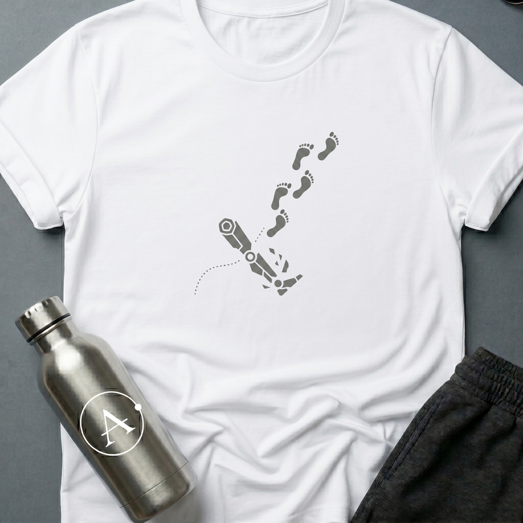 Walking on One Leg sci-fi t-shirt — a robot leg left behind, human footprints continuing on without it — White unisex tee — Apsion Outpost