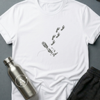 Walking on One Leg sci-fi t-shirt — a robot leg left behind, human footprints continuing on without it — White unisex tee — Apsion Outpost