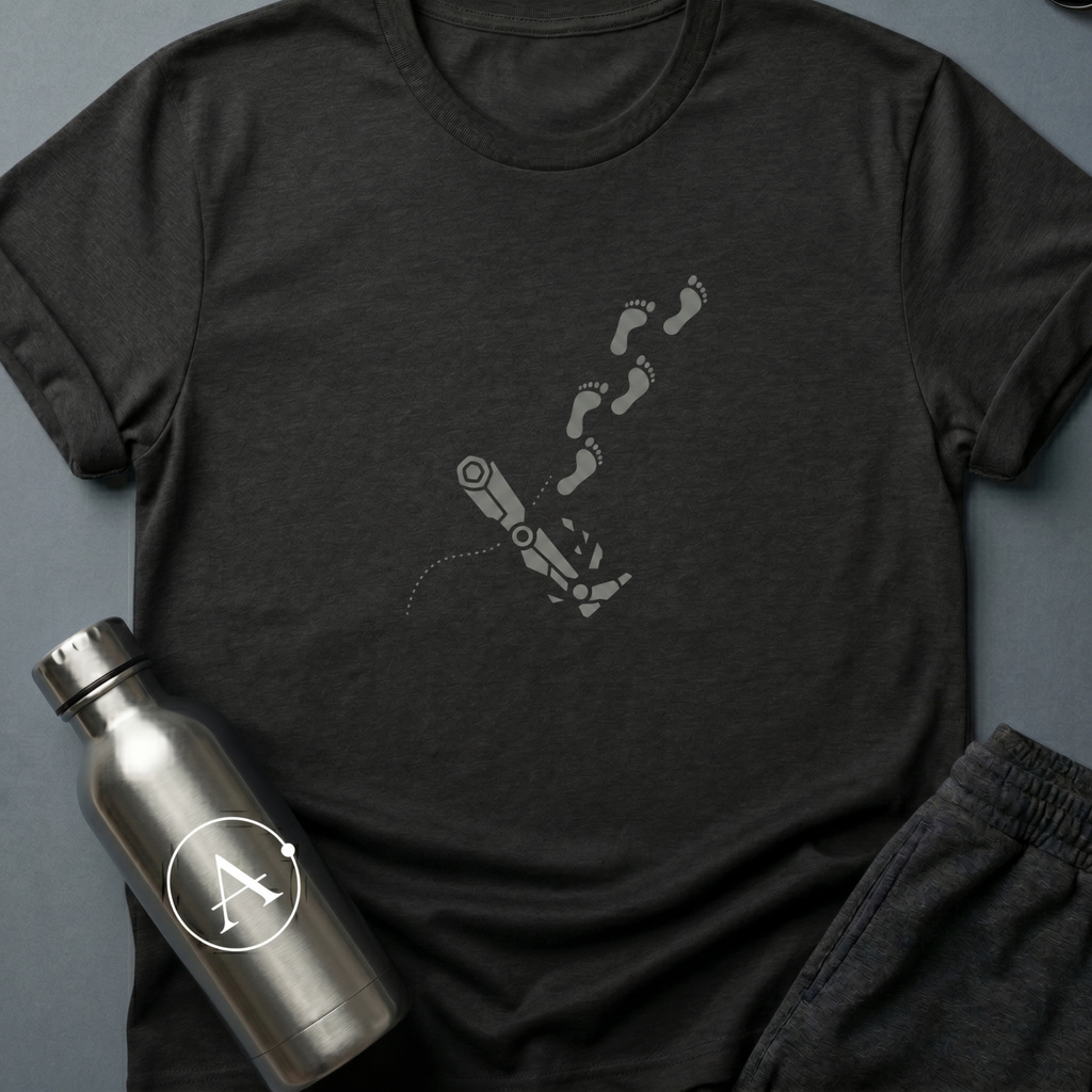 Walking on One Leg sci-fi t-shirt — a robot leg left behind, human footprints continuing on without it — Black unisex tee — Apsion Outpost