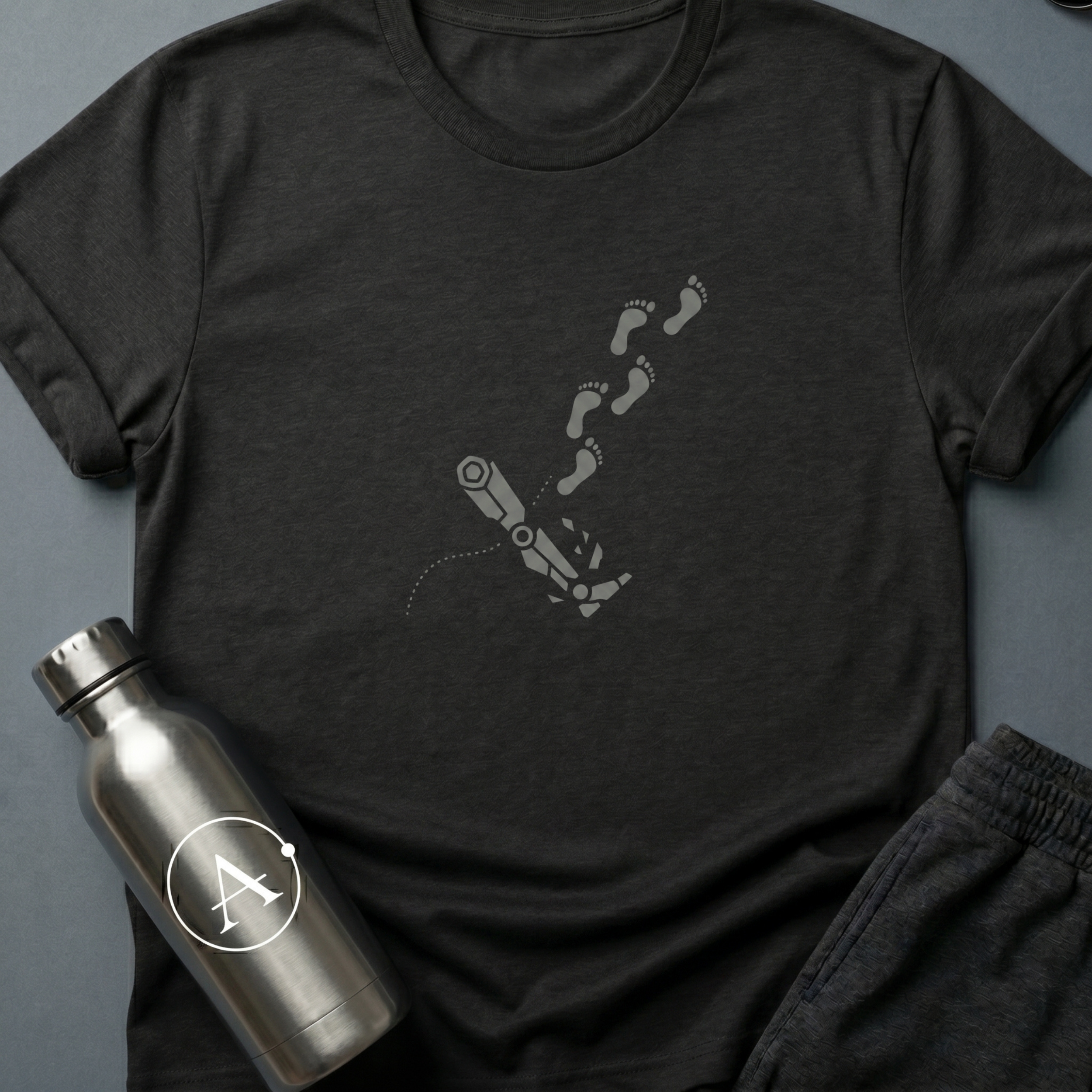 Walking on One Leg sci-fi t-shirt — a robot leg left behind, human footprints continuing on without it — Black unisex tee — Apsion Outpost