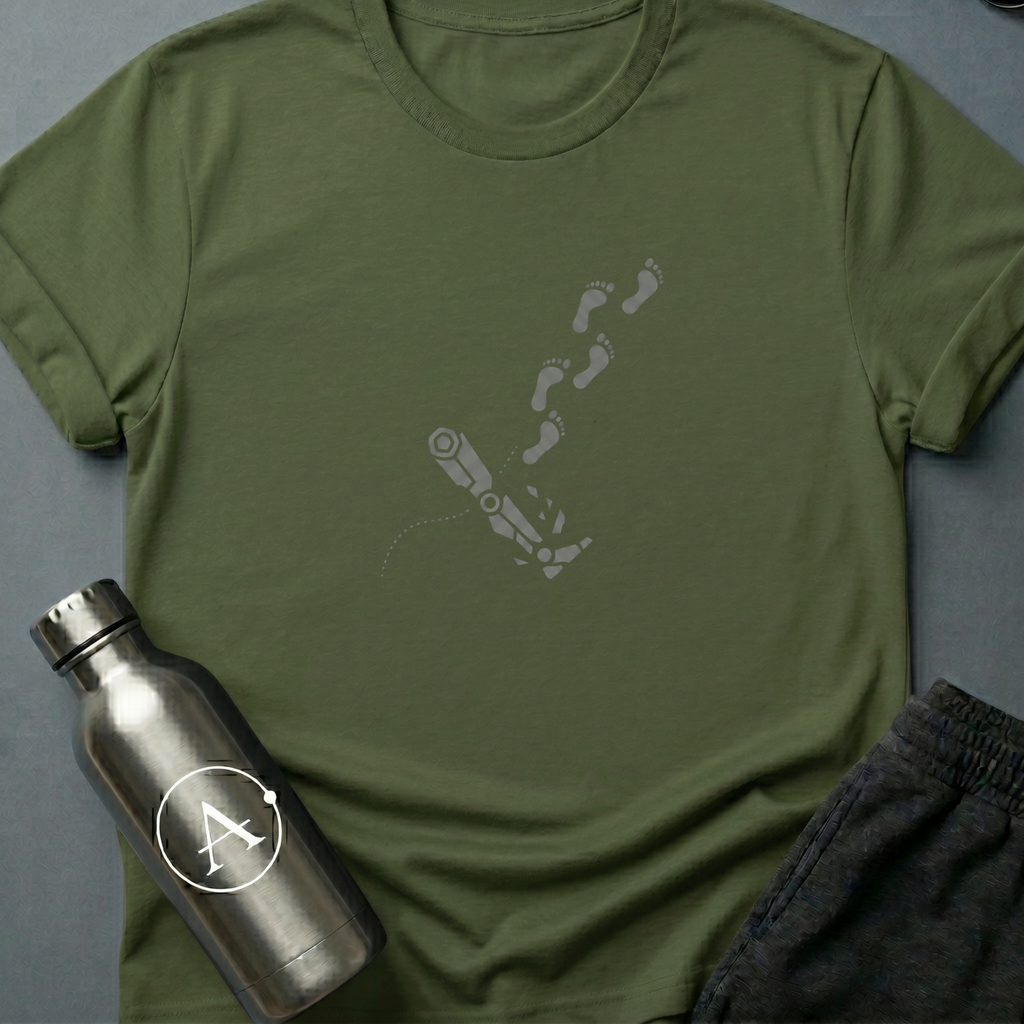 Walking on One Leg sci-fi t-shirt — a robot leg left behind, human footprints continuing on without it — Military Green unisex tee — Apsion Outpost